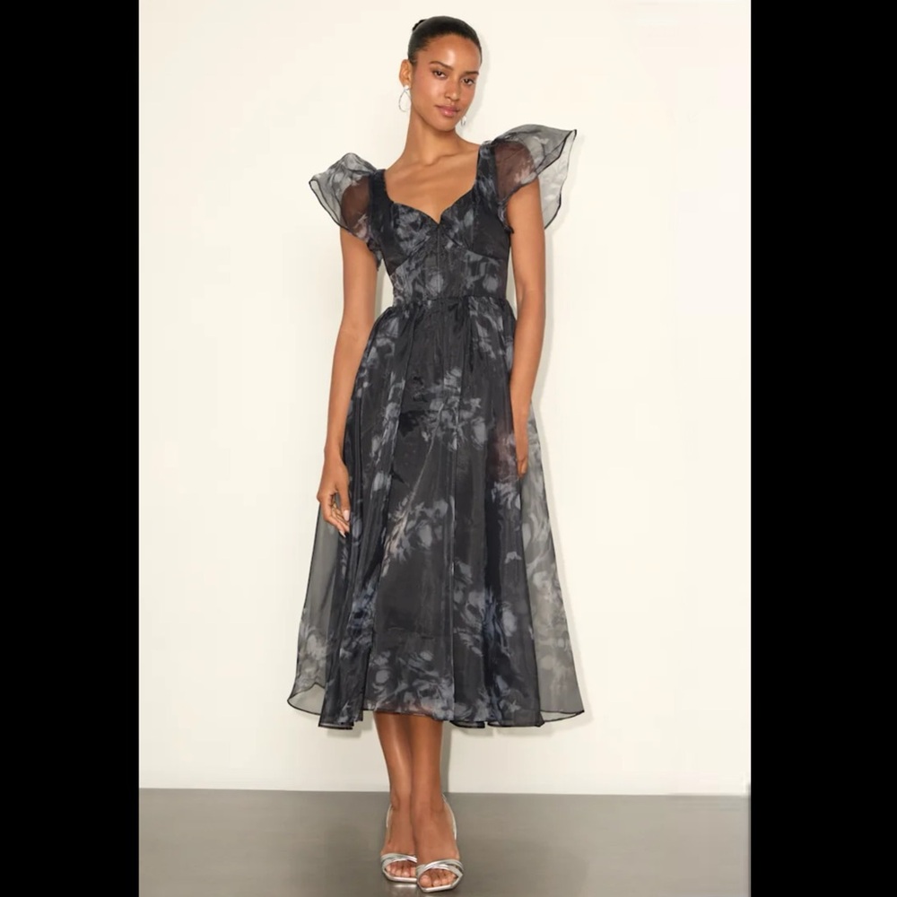Lulus - Mesmerizing Mood Black Floral Organza Ruffled A-Line Midi Dress Sm/Med